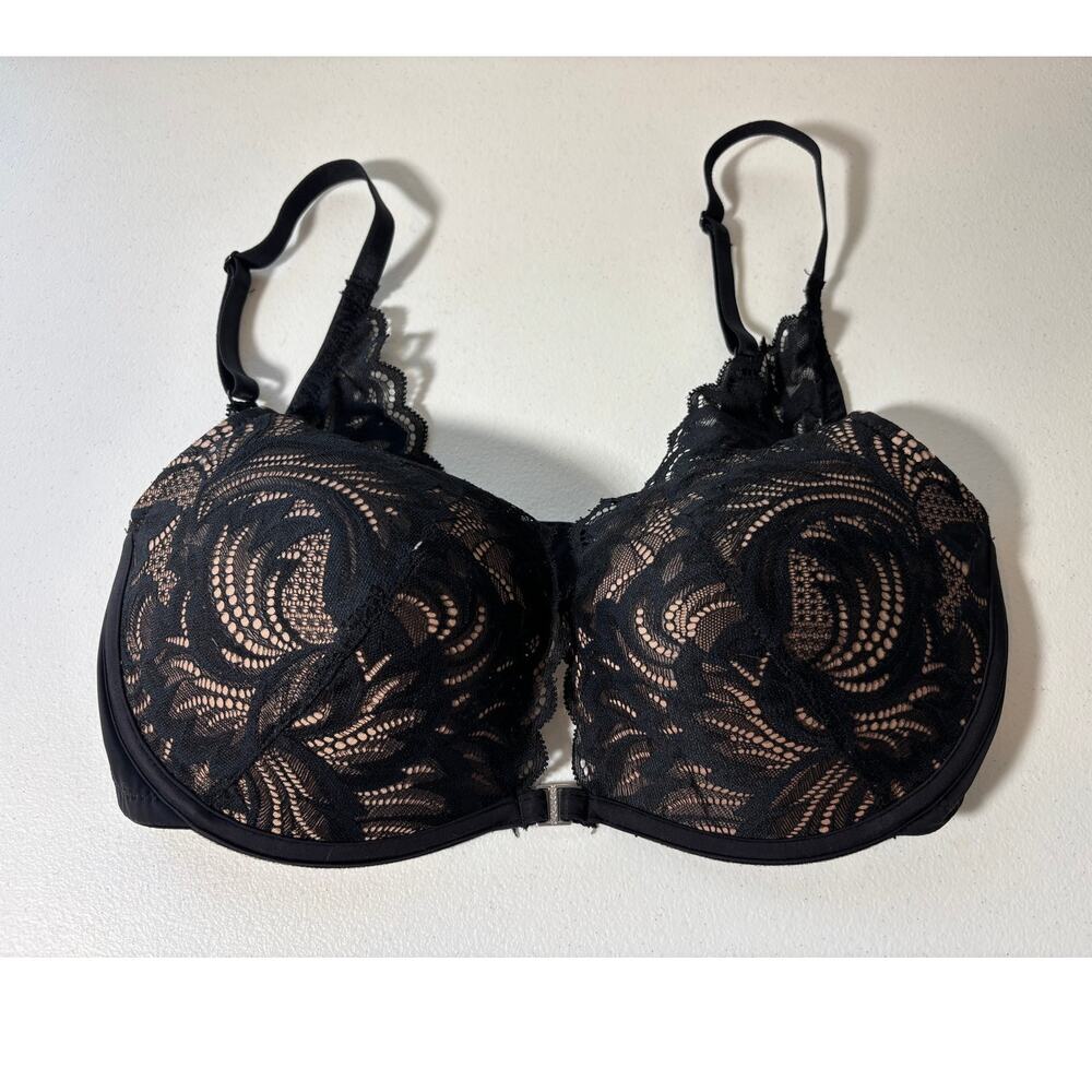 Adore Me Size 34DD Lace Push-Up Plunge Bra Black & Tan Underwire Molded Cups